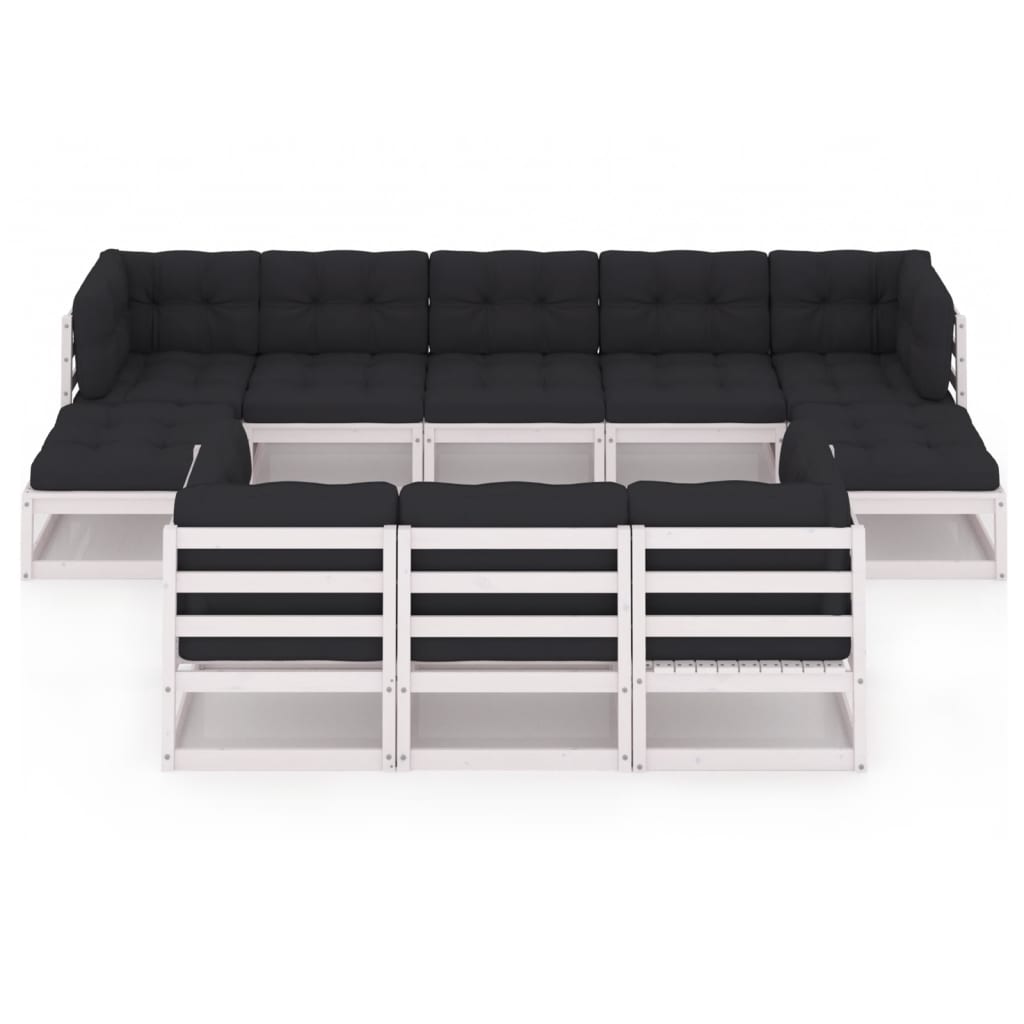 10-tlg. Garten-Lounge-Set mit Kissen Weiss Kiefer Massivholz